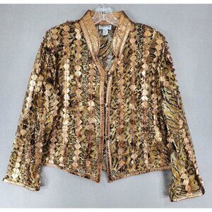 NATTO Leather Tunic Jacket Blazer Top Sz L Sewn Animal Print Mesh Tan Brown Gold